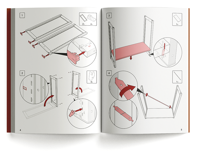 Opengeslagen montagehandleiding met illustraties in IKEA-stijl