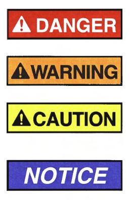 Illustratie die de kleuren toont van de vier internationaal bekende signaalwoorden Danger, Warning, Caution en Notice