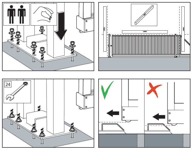 Illustraties uit een installatiehandleiding voor een rollend hekwerk