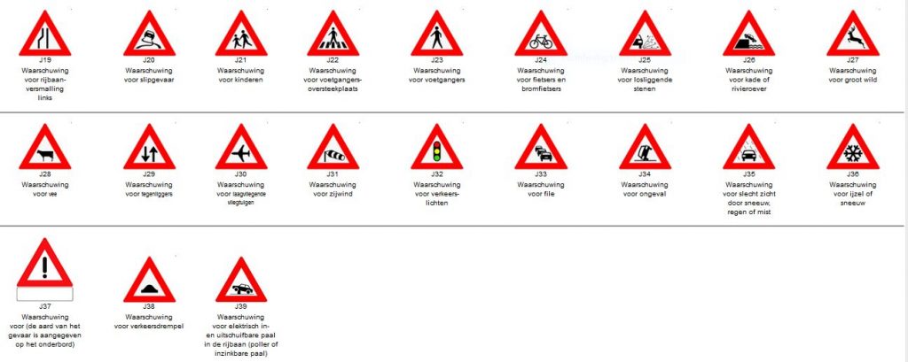 Overzicht van een flink deel van de waarschuwingsborden in het Nederlandse verkeer. Dit zijn allemaal pictogrammen