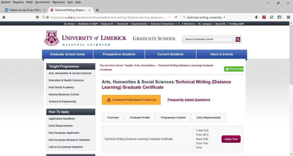 Webpagina waarop de Universiteit van Limerick een opleiding in technisch schrijven aanbiedt